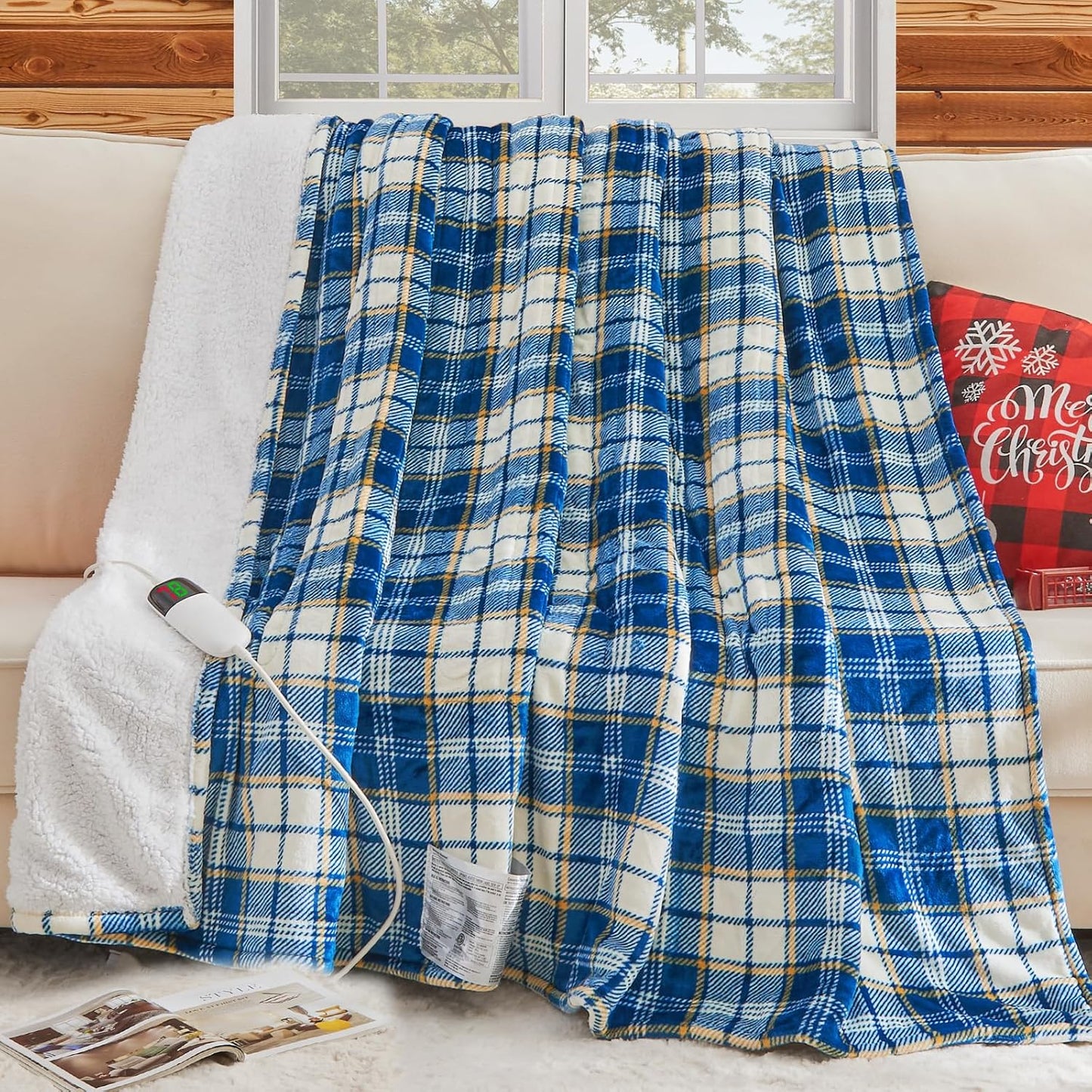Heated Blanket Electric Full Size 72X84, Heating Throw with 10 Heating Levels/8 Hours Auto Off, Navy Blue Plaid Checkered Sherpa Blanket Warmer for Adults, Washable Gift for Couch Bed Office