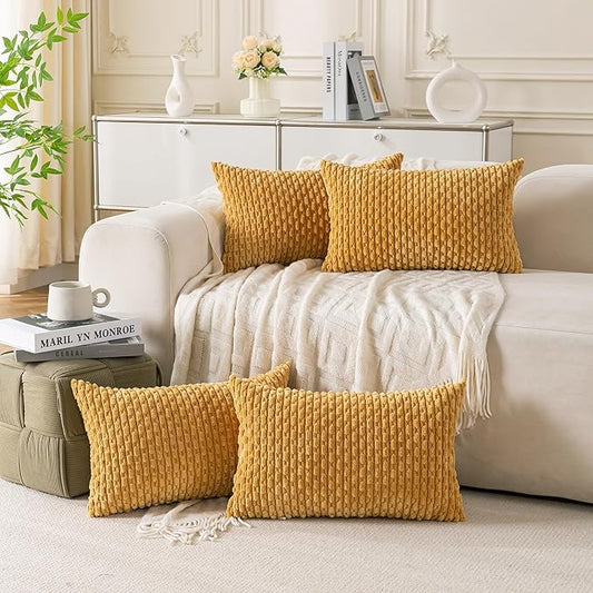 Set of 4 Mustard Yellow Decorative Throw Pillow Covers 12x20 Inch Corduroy Pillow Covers for Bed Couch Sofa Living Room Soft Cushion Cases