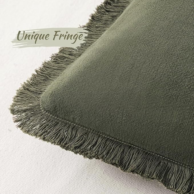 MIULEE Decorative Throw Pillow Covers Neutral Linen Fringe Throw Pillows Euro Shams Set of 2 Olive Green Boho Farmhouse Cushion Covers for Couch Sofa Bed Living Room Spring Home Decor 26x26 Inch