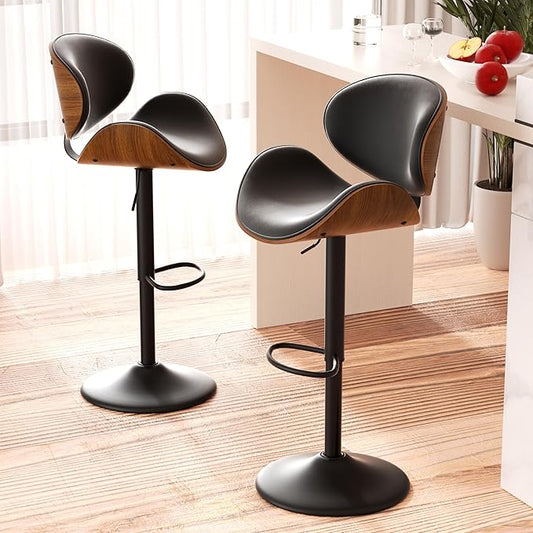 Swivel Bar Stools Set of 2, Seat Adjustable Height 23.5-32.5IN Bentwood Barstools with Back & Footrest, PU Leather Upholstered Counter Height Bar Chairs for Bar Kitchen Dining Room, Black