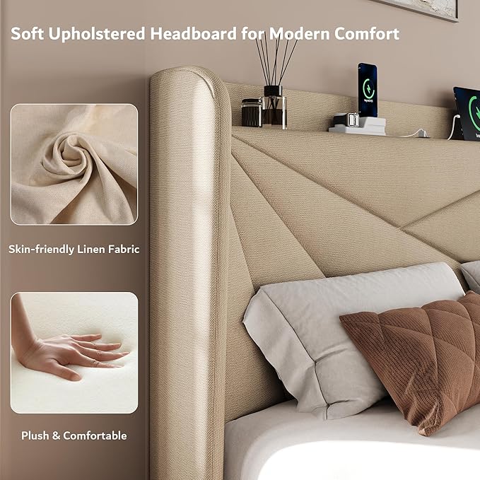 iPormis Queen Size Bed Frame with Charging Station, Linen Platform Bed Frame with Wingback Upholstered Headboard, Solid Wood Slats Support, No Box Spring Needed, Easy Assembly, Beige