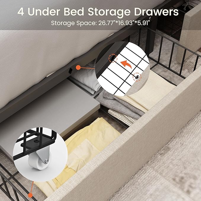 LARMACE Queen Size Bed Frame with 4 Storage Drawers and Tufted Headboard Linen Upholstered Platform Bed Frame with Heavy Duty Wood Slats, No Box Spring Needed, Easy Assembly, Beige