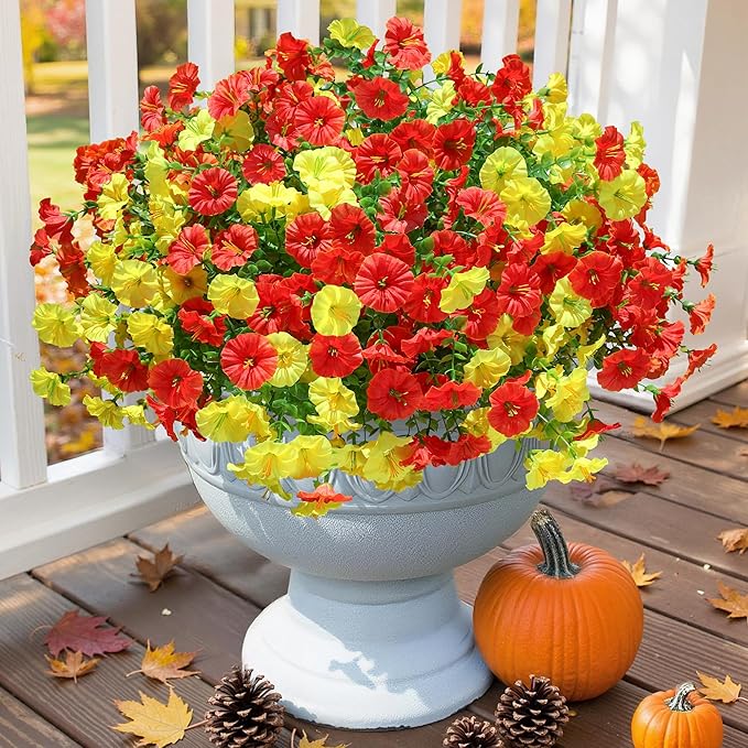 Fake Mums Fall Artificial Flowers Plants for Outdoors Autumn Decoration, 12 Bundles Silk Morning Glory with Eucalyptus Realistic UV Resistant Faux Mums for Outside Planter Yard Garden Home Indoor, Mix