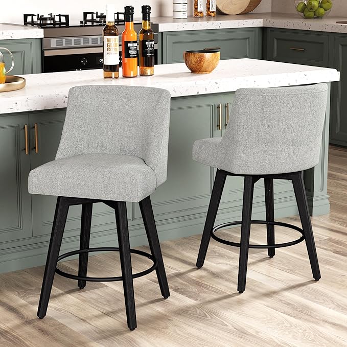 Counter Height Bar Stools Set of 2, Modern Swivel Barstools with Back and Wood Legs, Linen Fabric Upholstered Counter Height Stools, 26" H Kitchen Island Stools, Home Bar, Light Grey