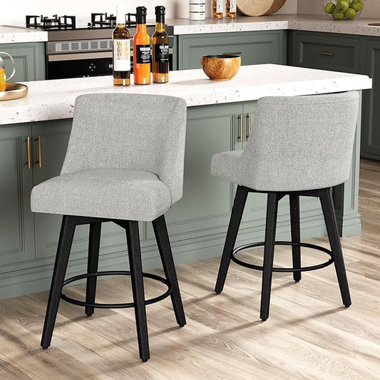 Counter Height Bar Stools Set of 2, Modern Swivel Barstools with Back and Wood Legs, Linen Fabric Upholstered Counter Height Stools, 26" H Kitchen Island Stools, Home Bar, Light Grey