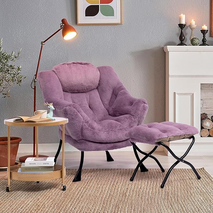 HollyHOME Fabric Lazy Chair with Foldable Ottoman, Accent Comfy Lounge Arm Chair and Folding Footrest Stool Set, Leisure Sofa Reading Chair and Footstool for Living Room, Bedroom, Dorm, Purple