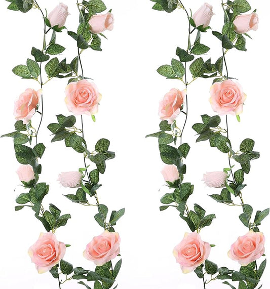 Felice Arts 2 Pack Pink Artificial Rose Garland Each 6.5FT Fake Rose Vine Hanging Floral Garland for Wedding Swing Table Centerpiece Arrangement Decor