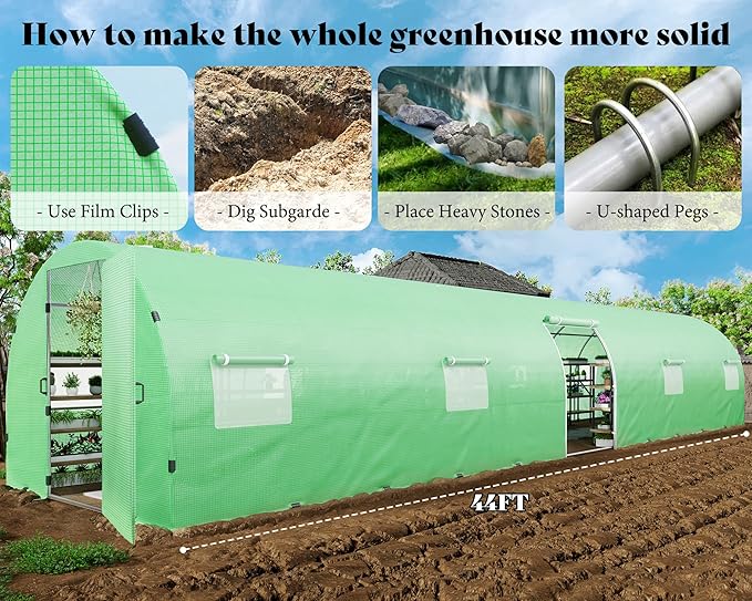 AMERLIFE 44x10x7.5 FT Tunnel Greenhouse for Outdoors, Extra Large Walk in Greenhouse with Galvanized Steel Frame, Premium PE Cover & Film Clips, Swing Door, Green
