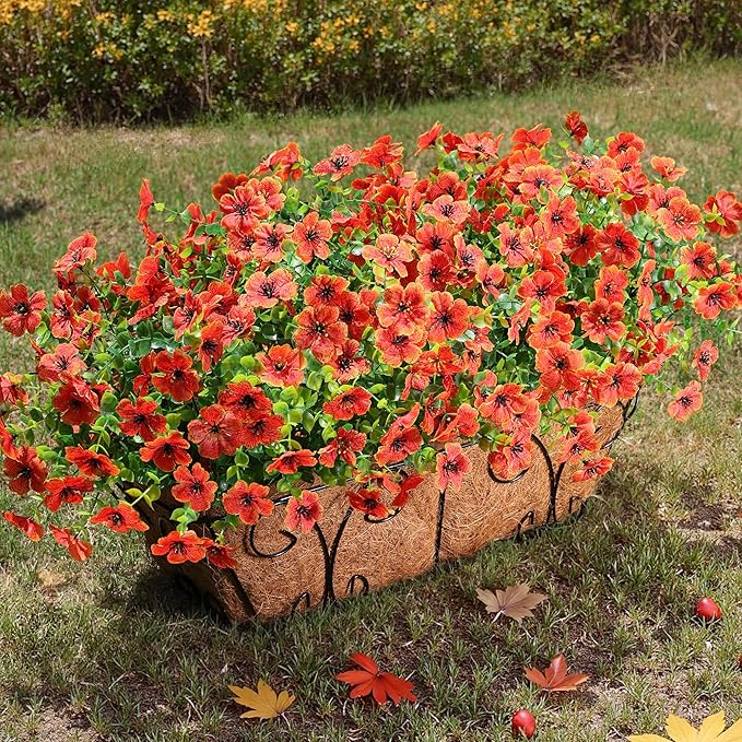 Artificial Fake Fall Mums Flowers Plants for Outdoor Outside Decoration, 12 Bundles Faux Silk Orange Daisy UV Resistant Look Real for Autumn Front Door Porch Planter Patio Garden Home