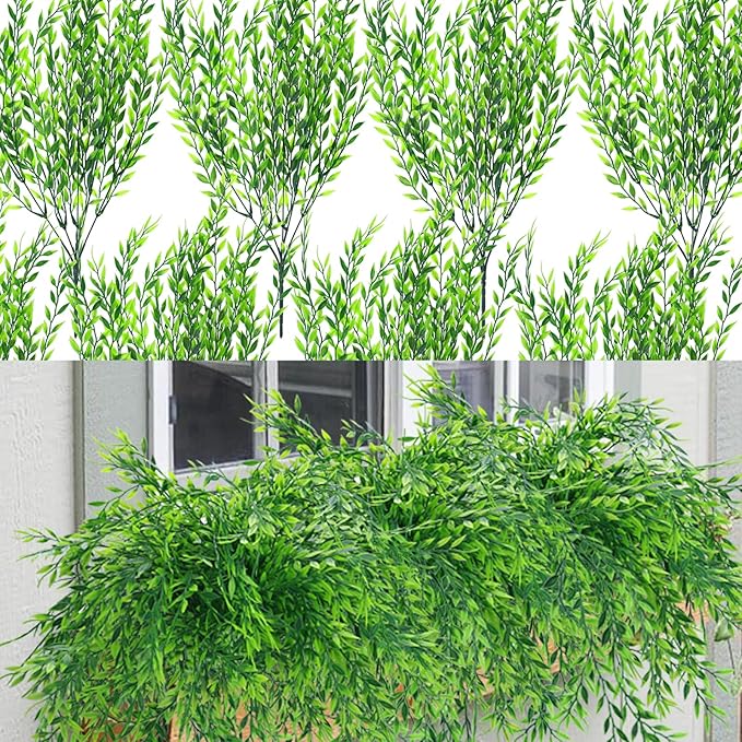 summer flower 8pack Fake Plants Weeping Willow Set Artificial Greenery Sterms Hanging Ivy Vine Plant Faux Garland Leaves UV Resistant for Outdoor Porch Party Garden Indoor Home Office Decoration
