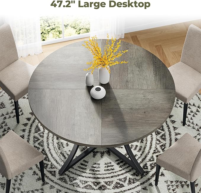 IRONCK 47.2" Round Dining Table for 4, Wood Kitchen Table with Storage Shelf for Dining Room, Dinner Table with Wooden Tabletop and Metal Base, Gray