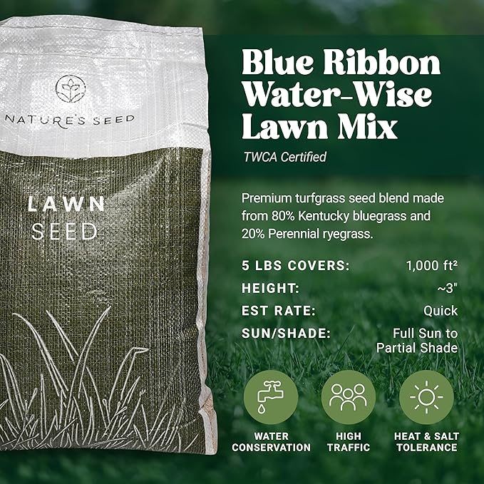 Nature’s Seed TWCA Water-Wise Blue Ribbon Mix, Kentucky Bluegrass and Perennial Ryegrass Grass Seed Blend, High-Traffic, Shade Tolerant, for Garden, Lawn, Yard, 5 lbs