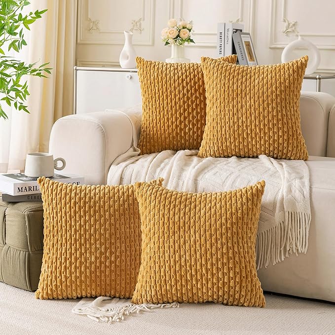 Set of 4 Mustard Yellow Decorative Throw Pillow Covers 22x22 Inch Corduroy Pillow Covers for Bed Couch Sofa Living Room Soft Square Cushion Cases