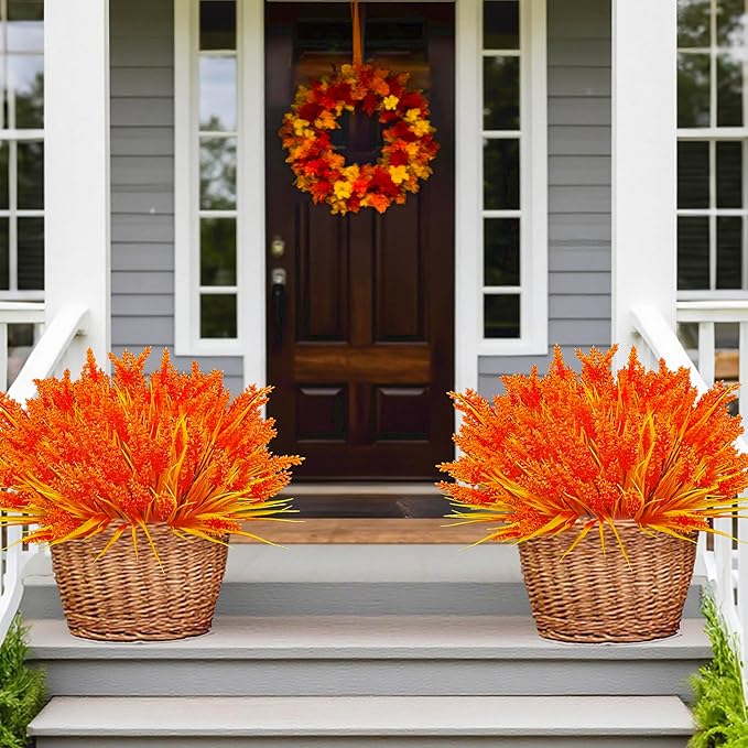 24 Bundles Fall Artificial Flowers for Outdoors, Orange Artificial Lavender Plants, Faux Mums Artificial Flowers, Artificial Mums for Outdoors, Fake Fall Flowers for Porch Planters Decoration (Orange)