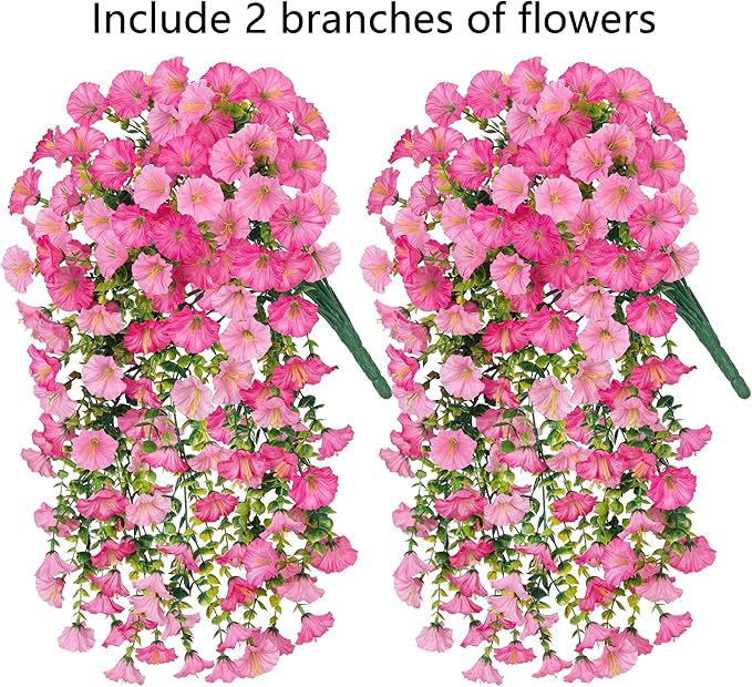 2 PCS Artificial Faux Hanging Flowers Plants for Outdoor Decor,Fake Silk Morning Glory with Eucalyptus UV Resistant Realistic Vine for Wall Home Porch Patio Balcony Yard Decor,Pink and Light Pink