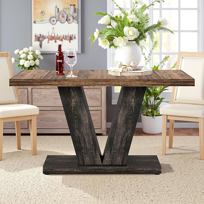 NicBex 47" Dining Table for 4 People, Farmhouse Dinner Table Small Dining Room Tables Rectangular Wooden Kitchen Tables with Heavy Duty Pedestal for Kitchen, Living Room, Black & Brown