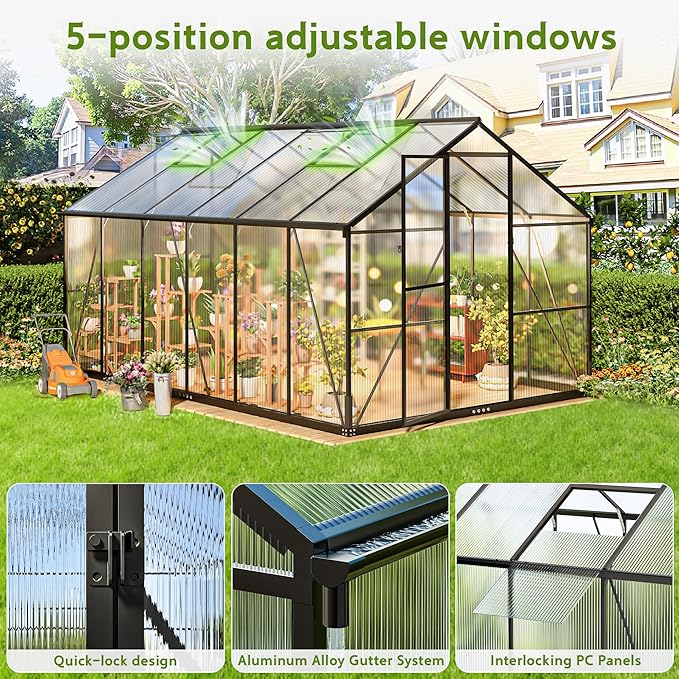 Wanan 8x12FT Greenhouses for Outdoors, Quick Assembly Polycarbonate Green House with UV Protection, Heavy Duty Windproof Aluminum Frame, Adjustable Roof Vent for Backyard or Outdoor Garden Use