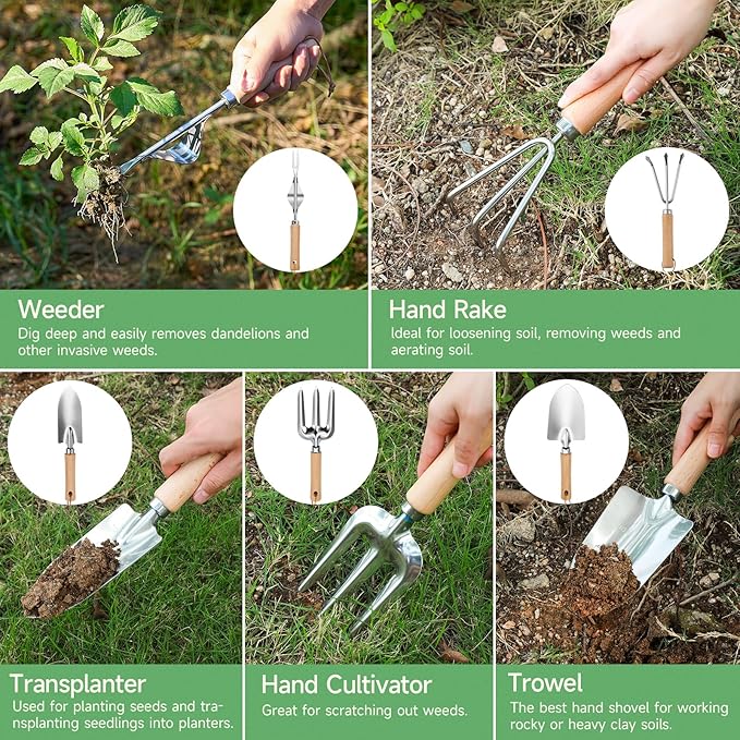 9-Piece Gardening Tools Set - Complete Gardening Kit with Heavy-Duty Stainless Hand Tools, Durable Storage Bag with Garden Accessories, Ideal Gardening Gifts for Women, Men, Gardeners - Pink