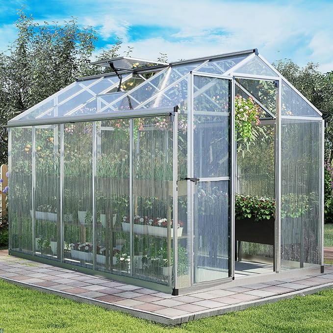 Aoodor 6 x 10 Ft Walk-in Greenhouse with Gutter, Polycarbonate and Heavy-Duty Aluminum Frame, Adjustment Skylight and Lockable 2-Sided Door for Patio, Outdoor, Yard, Lawn Use, Silver