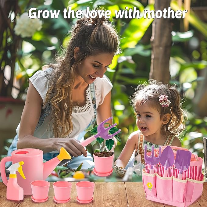 Kids Pink Gardening Tools Set, Garden Toys w/Metal Rake, Shovel, Trowel, Watering Can, Gloves, Tote Bag, Plant pots, DIY Bookmark Kits, Spring Summer Toy Outdoor Gift for Toddler Boy Girl