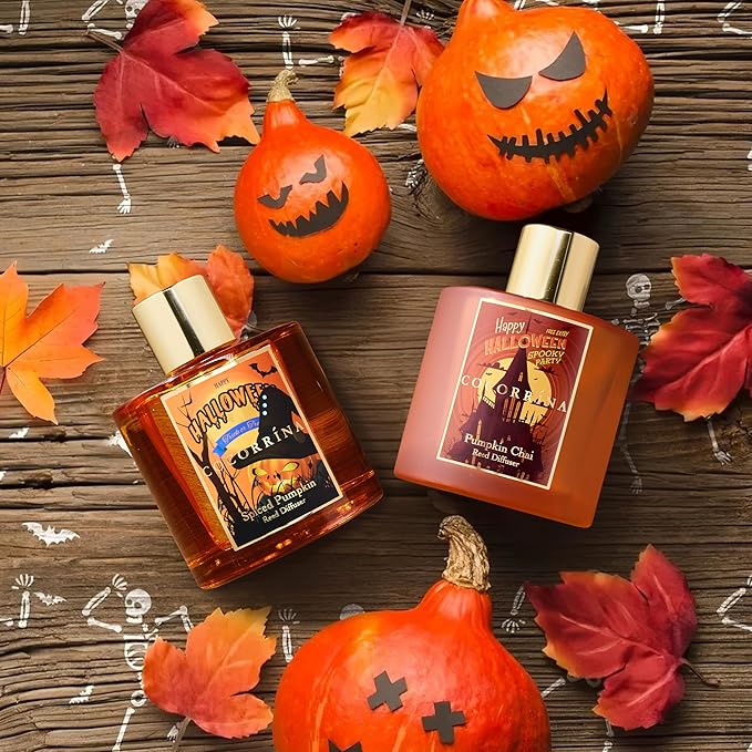 COCORRÍNA Reed Diffuser - Spiced Pumpkin 6.7 fl oz Scented Diffuser with 8 Sticks Home Fragrance Bathroom Shelf Decor (Halloween Collection)