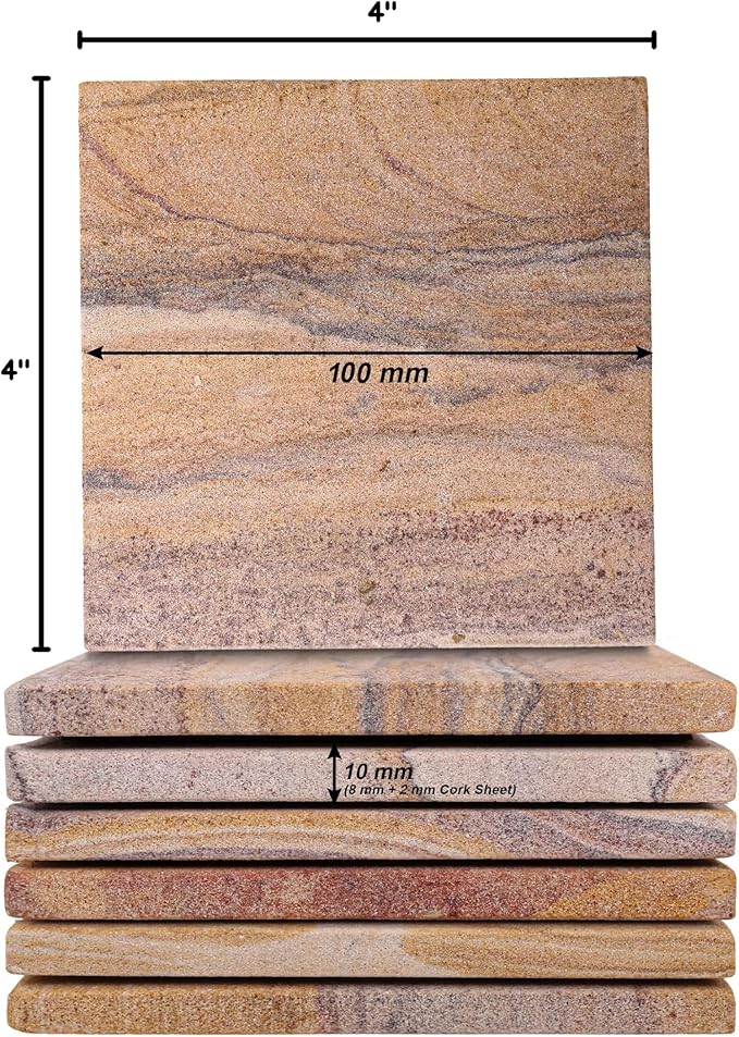 Sandstone Water Absorbent Hand Crafted Round Coasters for Drinks - 4 Inches Wide Thirsty Stone Bar, Drink Coasters- Made from Rainbow Sandstone (Design 5)