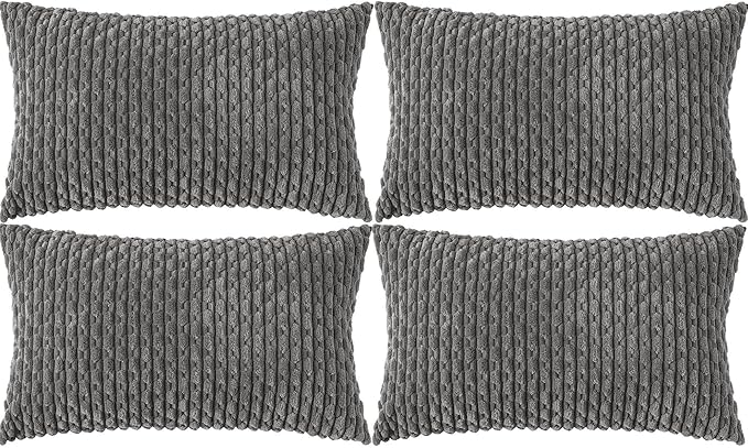 Set of 4 Dark Grey Decorative Throw Pillow Covers 12x20 Inch Corduroy Pillow Covers for Bed Couch Sofa Living Room Soft Cushion Cases