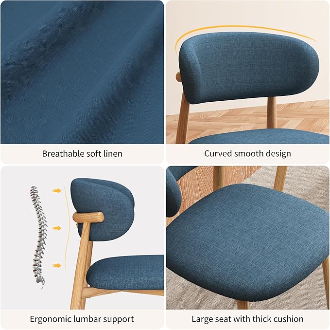 Kitchen Dining Chairs Set of 2 Modern Soft Linen Farmhouse Dining Room Chair with Metal Legs, Blue/Original