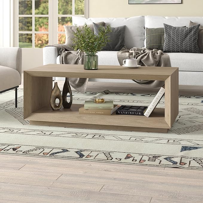 Henn&Hart 48" Rectangular Coffee Table with Open Storage Shelf for Living Room, Family Room, or Office, Antiqued Gray Oak