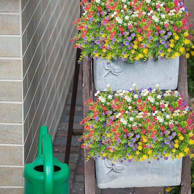 Outdoor Artificial Flowers UV Resistant, 20 Bundles Fake Realistic Floral Greenery Plants for Outside Porch, Window Boxes, Garden, Yard, Inside Home Table Decor,MixcolorD