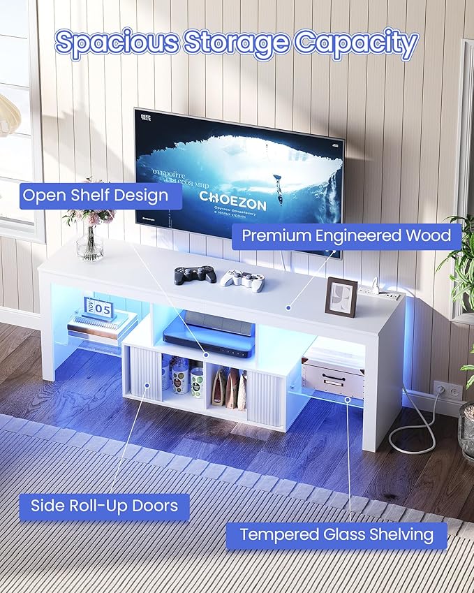 TV Stand with Power Outlet, Modern TV Cabinet for 55 60 inch TVs, Media TV Console with LED Light Strip, Media Entertainment Center with Storage, for Living Room, Bedroom, White MDS02UDWB