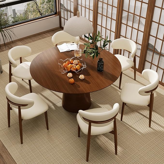 Kitchen Dining Chairs Set of 6 Modern Upholstered Leather Farmhouse Dining Room Chair with Metal Legs, Walnut/Beige