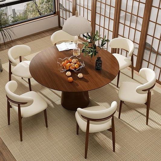 Kitchen Dining Chairs Set of 6 Modern Upholstered Leather Farmhouse Dining Room Chair with Metal Legs, Walnut/Beige