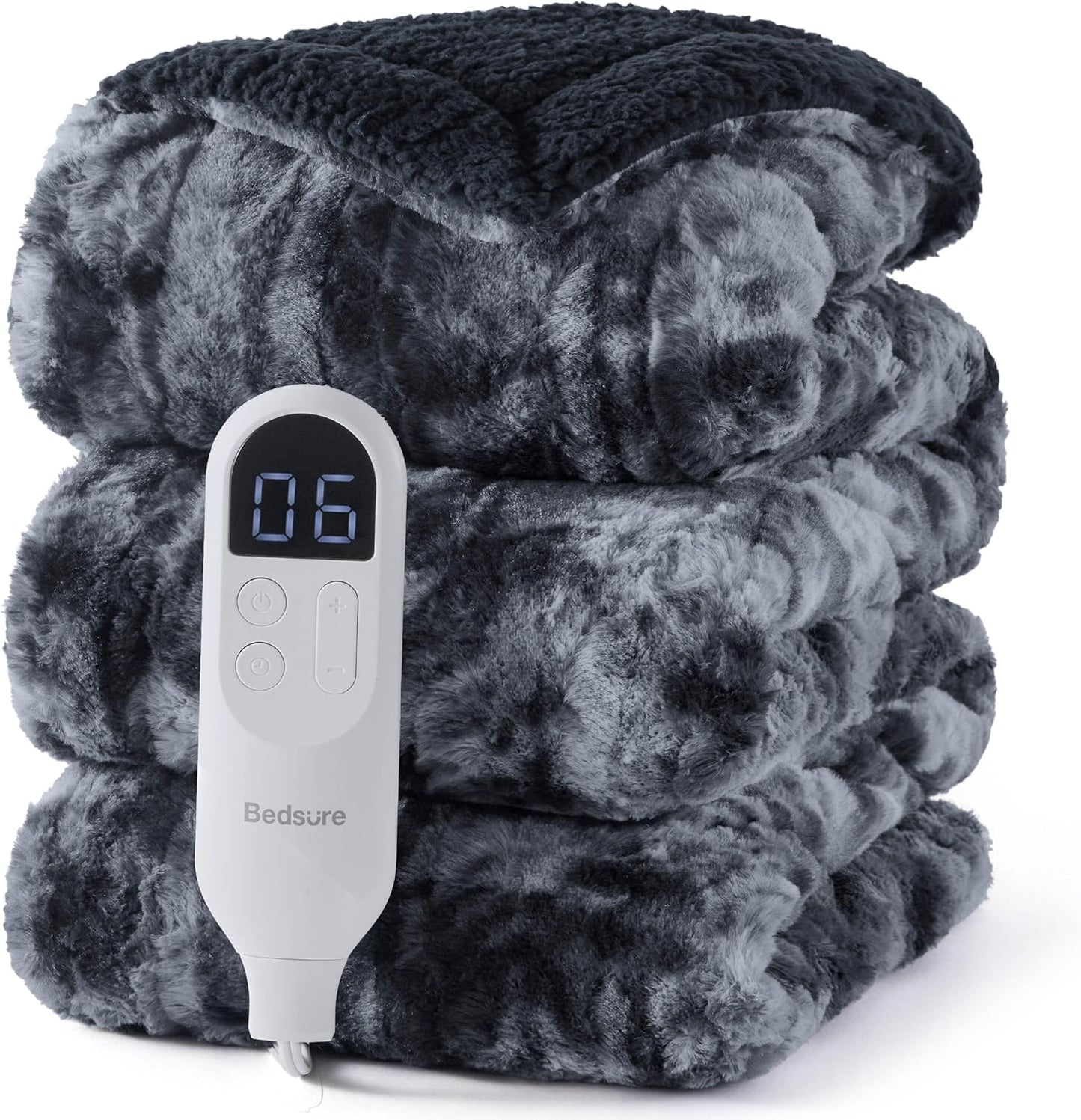 Bedsure Faux Fur Heated Blanket Twin Size, Fast Heating Electric Blanket Twin Size with 6 Heating Levels & 10 Time Settings, Cozy Gifts for Women Men (62x84 inches, Black)
