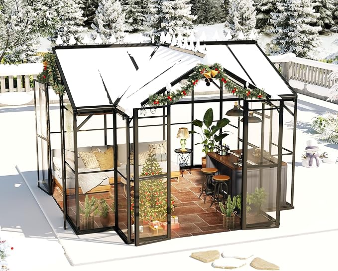 Jocisland 12x10x8 FT Greenhouse for Ourdoors, Quick-Connect Fittings, Aluminum Frame with 2 Vents, 2 Doors, and Walk-in Design for Garden or Backyard, Black
