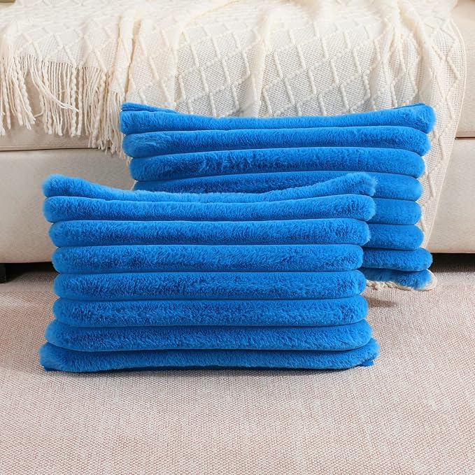 FUTEI Royal Blue Striped Decorative Throw Pillow Covers 12x20 Inch Set of 2,Rectangle Fall Decorations Couch Lumbar Pillowcase,Soft Cozy Faux Rabbit Fur & Velvet Back,Modern Home Decor for Bed