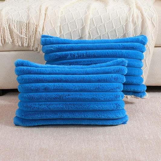 FUTEI Royal Blue Striped Decorative Throw Pillow Covers 12x20 Inch Set of 2,Rectangle Fall Decorations Couch Lumbar Pillowcase,Soft Cozy Faux Rabbit Fur & Velvet Back,Modern Home Decor for Bed