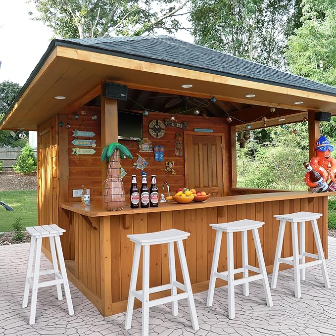 nalone 29 Inch Outdoor Bar Stools Set of 2, HDPE Bar Chairs with Footrest, Weather Resistant Barstools Outside Counter Height Stools for Patio Yard (White, 29'' Barstools Set of 2)