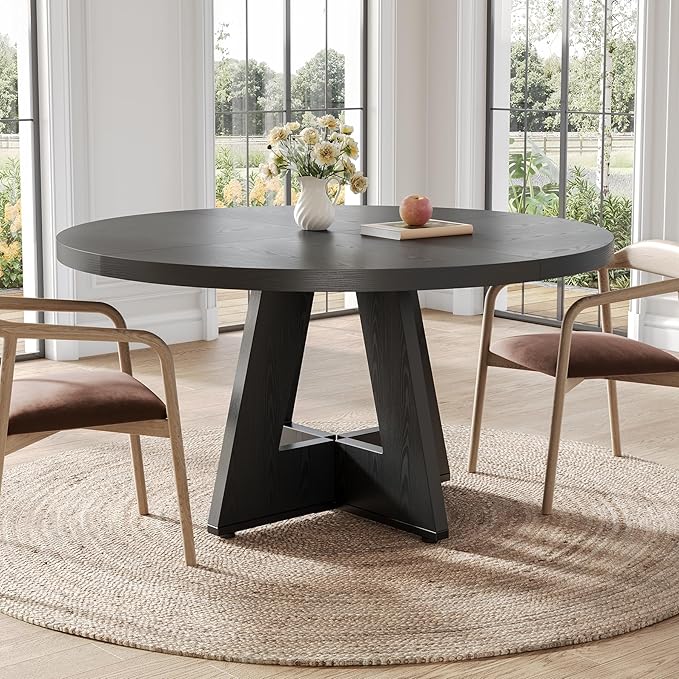 LITTLE TREE Round Dining Table for 4-6, 47 Inches with Wooden Pedestal Base, Black Dinner Table for Dining Room, Kitchen, Living Room