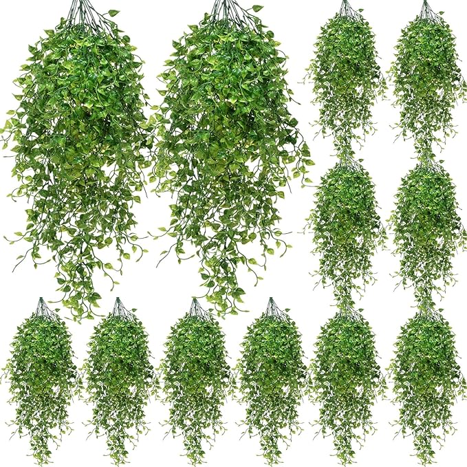 Hoteam 12 Pcs Artificial Hanging Plants 32 Inch Fake Ivy Vines with Fake Leaves Patio Artificial Plants Greenery for Living Room Indoor Outdoor Wall, No Basket (Ivy)