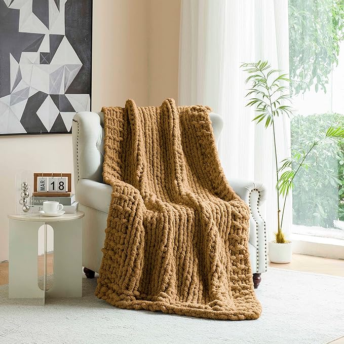 clootess Chunky Knit Blanket Knitted Throw Crochet Chenille Yarn Woven for Bed Sofa Textured Thick Cable Decor (Khaki 40x60 in)