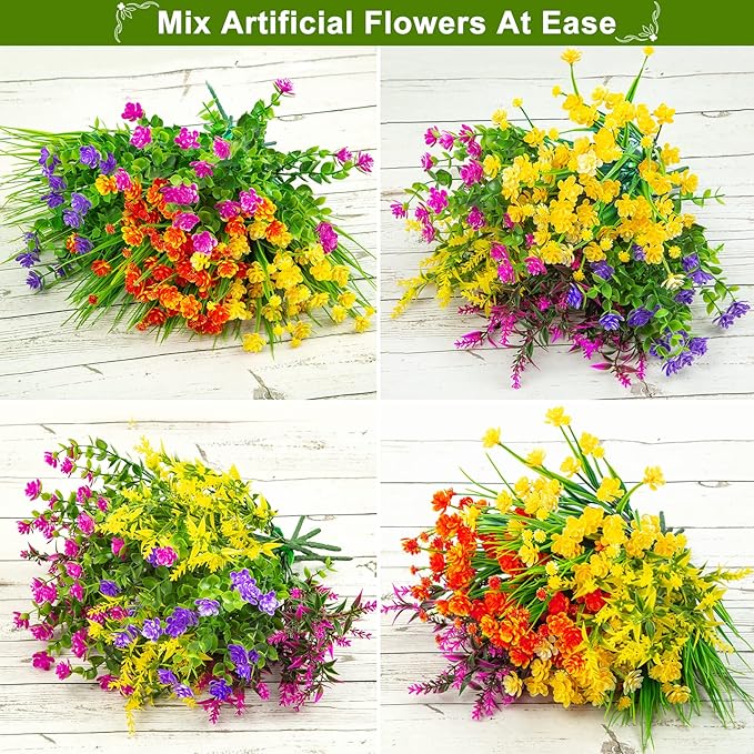 Ouddy Decor 16 Bundles Artificial Flowers for Outdoors Fake Plastic Plants Faux Shrubs Greenery Wheat Grass UV Resistant for Spring Summer Garden Patio Window Box Office Table Kitchen Home Decoration