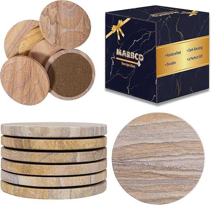Sandstone Water Absorbent Hand Crafted Round Coasters for Drinks - 4 Inches Wide Thirsty Stone Bar/Drink Coasters- Made from Rainbow Sandstone (Set of 6 Without Holder)