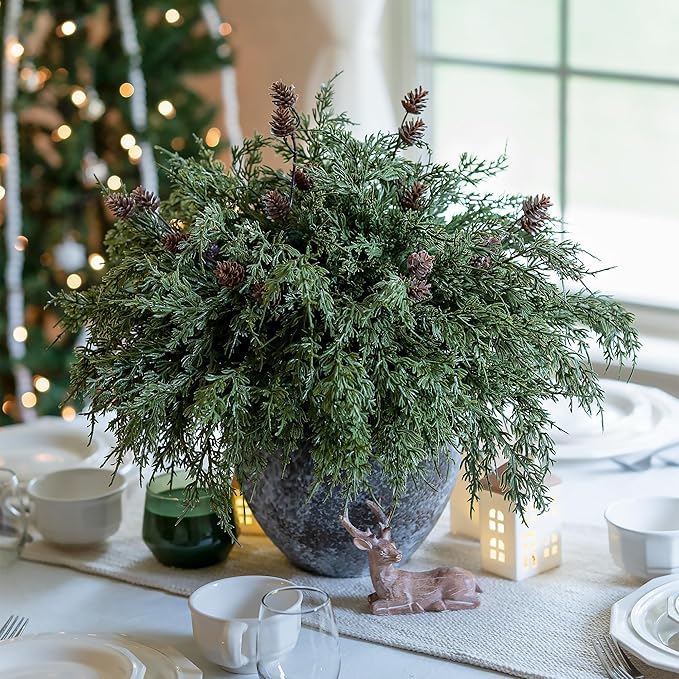 Faux Cedar Stems Artificial Norfolk Pine Branches for Christmas Decor, 12 PCS Fake Pine Stems with 2 PCS Pine Cones Branches Real Touch Realistic Faux Greenery for Vases DIY Garland Xmas Table Indoor