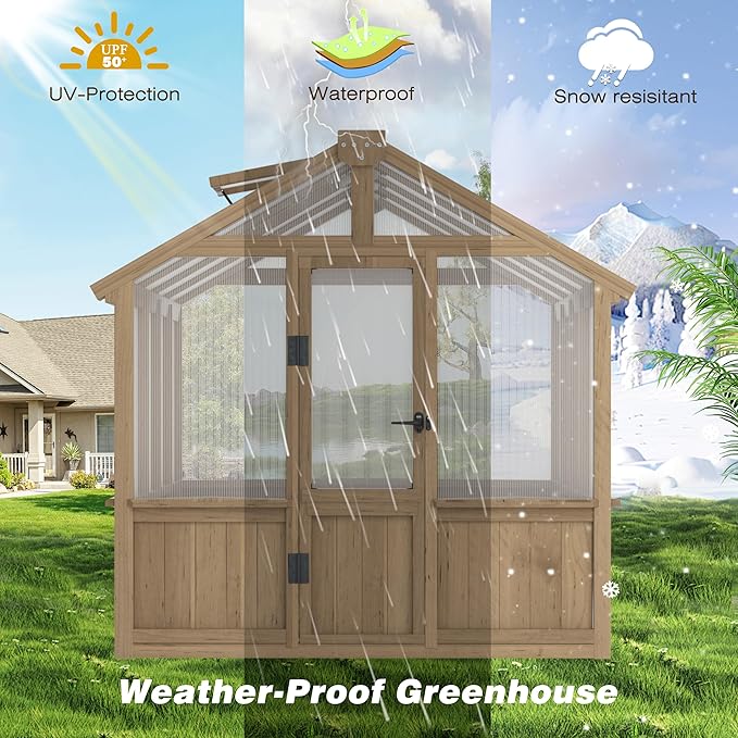 6x8 FT Greenhouse Kit for Outdoor, 6MM Thick Polycarbonate Panel Wooden Walk-in Green House with Lockable Door and Adjustable Roof Vent, Backyard Garden, Light Mocha Brown