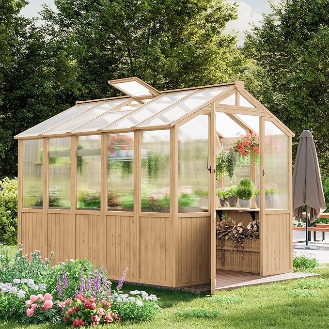 Restland 6x8 FT Wood Greenhouse with Shelves Reinforced Frame Walk-in Greenhouses with Adjustable Roof Vents & Lockable Door Polycarbonate Green House for Outside