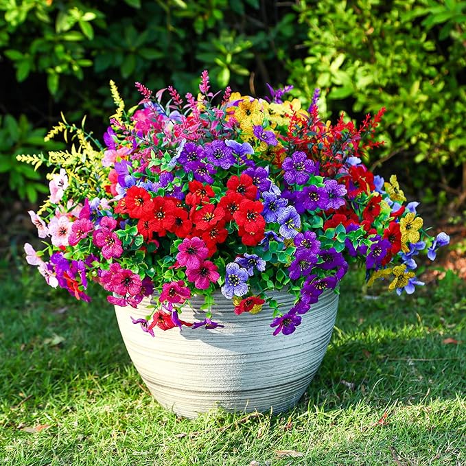 SHareconn 24 Bundles Artificial Flowers for Outdoors, Faux Plants Fake Silk Colorful Daisy Eucalyptus Lavender, UV Resistant for Outside Home Porch Patio Spring Decor, RedRosyPurpleBlueYellowPink