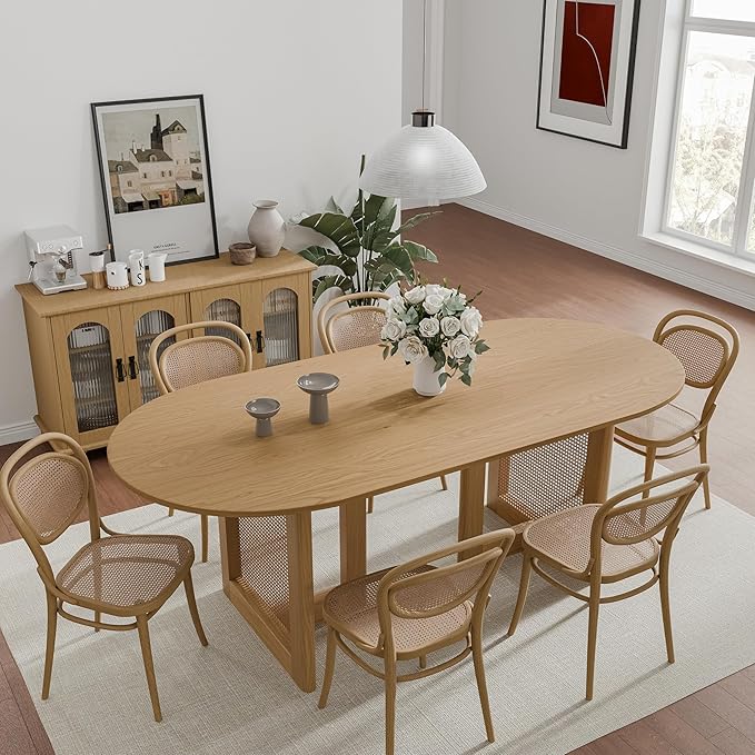 Casaphoria 67" Dining Table for 6, Wood Kitchen Table with Scratch-Resistant Top & Rattan Base, Modern Farmhouse Oval Dining Table for Living Room, Kitchen, Easy Assembly, Oak (Chairs not Included)