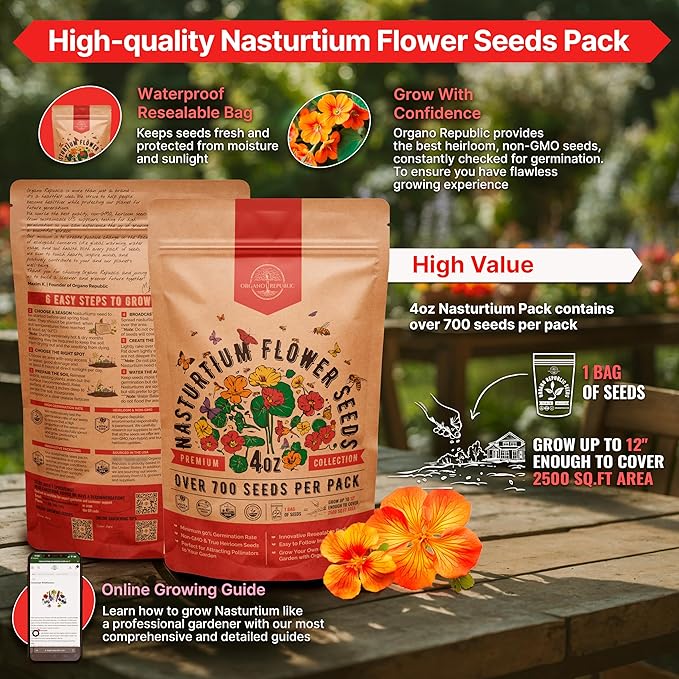 Nasturtium Seeds Pack 4 oz - Over 700 Non-GMO Heirloom Nasturtium Seeds for Planting, Edible Flowers in Individual Seed Packet for Planting Home Garden Indoor & Outdoor Gardening