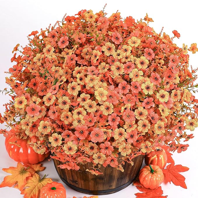 SHareconn 36 Bundles Artificial Fall Flowers for Outdoors Decoration, UV Resistant Silk Eucalyptus Lavender Faux Autumn Fake Plants for Outside Indoor Garden Yard Porch Home Decor, Autumn Orange-Red